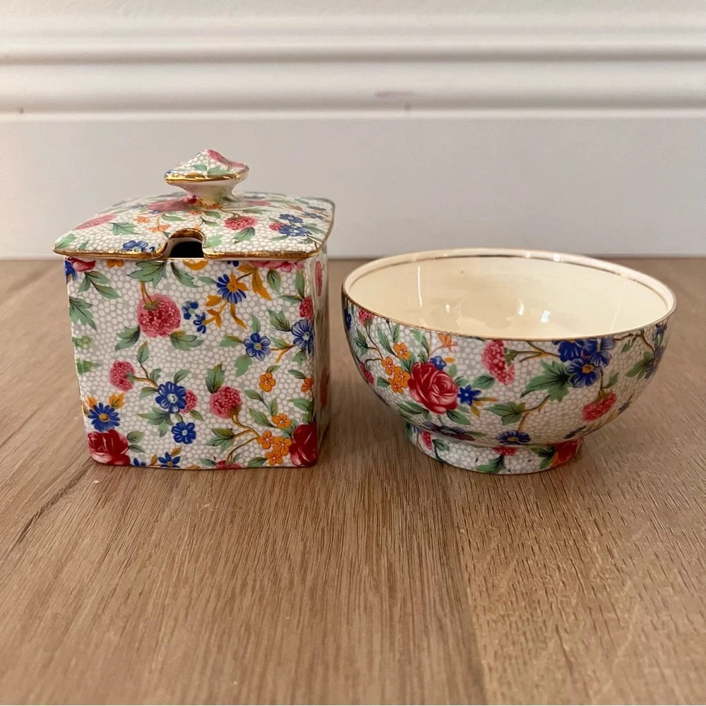 1934-50 Royal Winton Grimwades Old Cottage Jelly Sugar Jar With Lid & Bowl -RARE